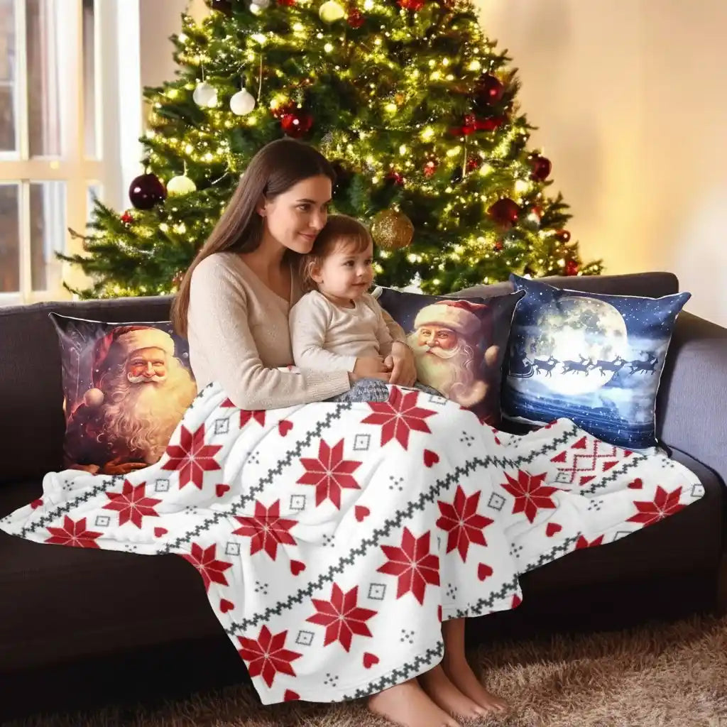 COMBO ABRAZO DE NAVIDAD | Set de 4 Cojines Premium + Cobija Térmica