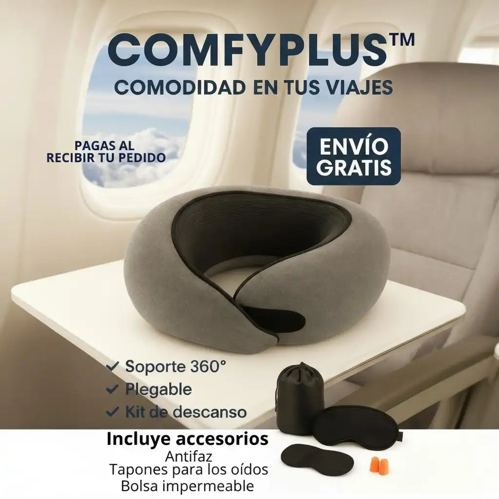 COMFYPLUS™ ALMOHADA VIAJERA + ACCESORIOS (Tapa oídos, Antifaz, Bolsa impermeable)