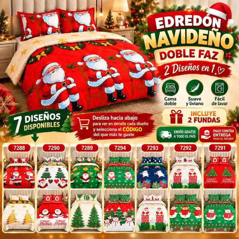 Edredón Navideño Doble Faz — 7 Diseños con 2 Fundas Incluidas